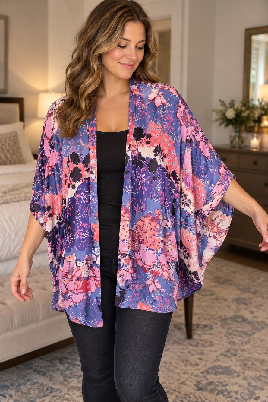 Victoria's Secret Floral Kimono Robe M/L Oversized Dolman Sleeve Pink Blue